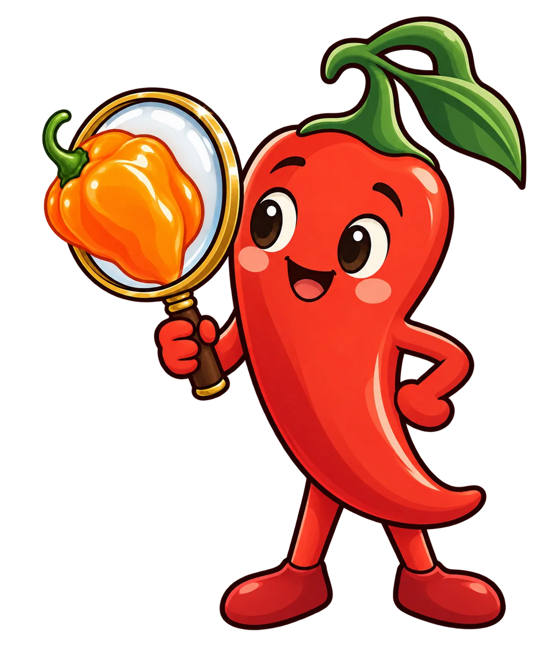 Pip, the red chili mascot, holding a magnifying glass over an orange habanero pod.