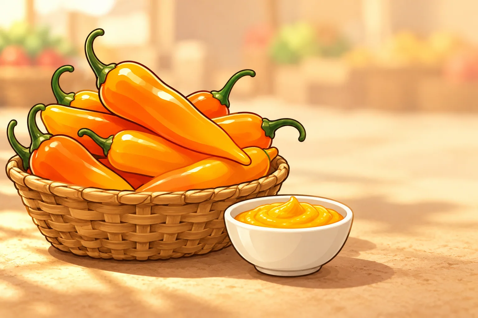 Bright orange-yellow aji amarillo pods in a woven basket at a market stall, with a small bowl of yellow paste and a few orange habaneros beside it.