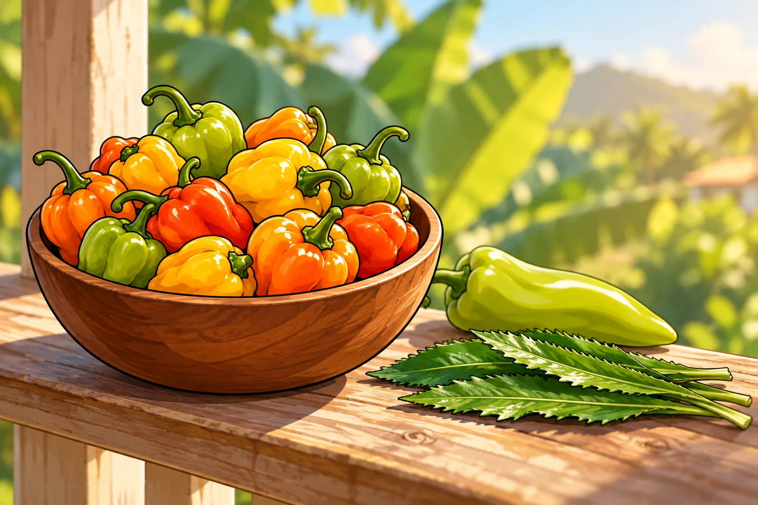 A wooden bowl of small wrinkled green, yellow and orange-red ají dulce peppers on a tropical porch rail, with a long cubanelle and a bunch of culantro beside it.