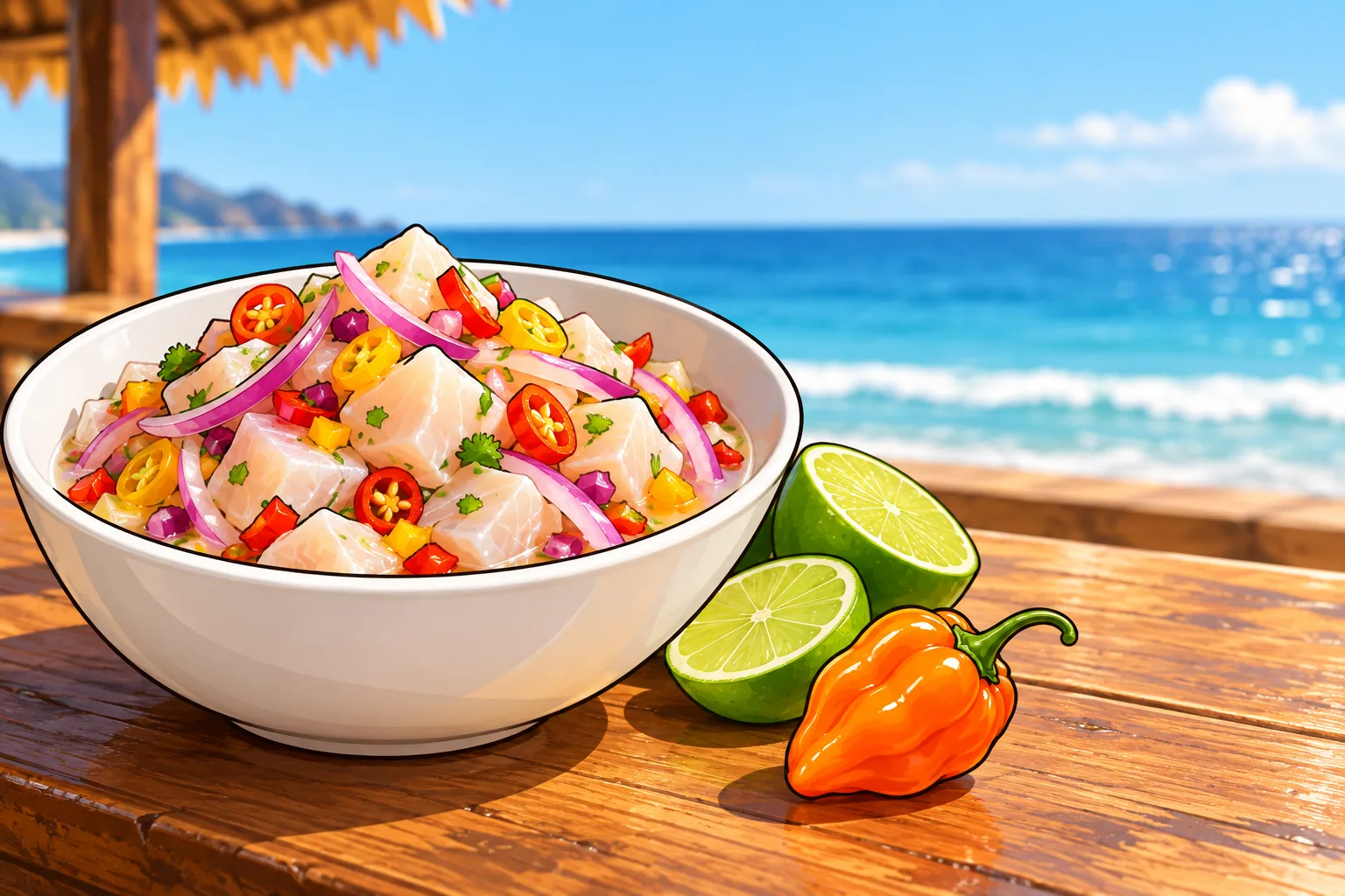 A white bowl of ceviche with white fish, red onion and chopped red, yellow and purple peppers on a beach-shack counter by the sea, with limes and an orange habanero beside it.