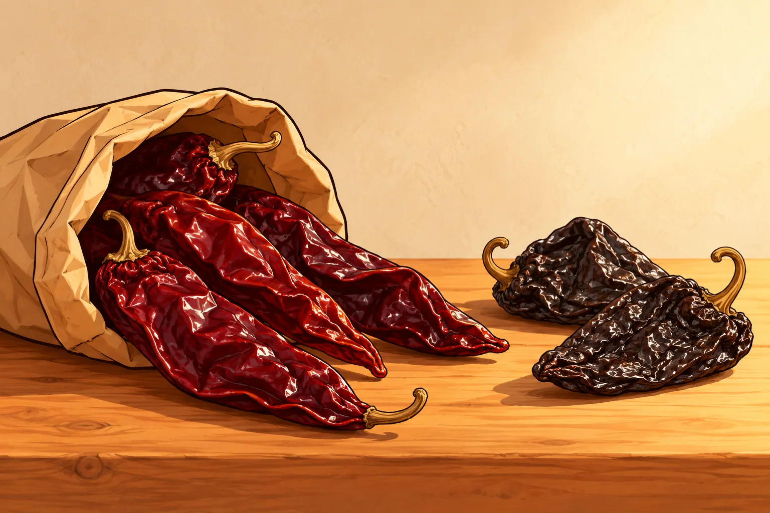 Dark red dried aji panca pods spilling from a paper sack next to dried anchos, a jar of paprika and a few chipotles on a wooden market table.