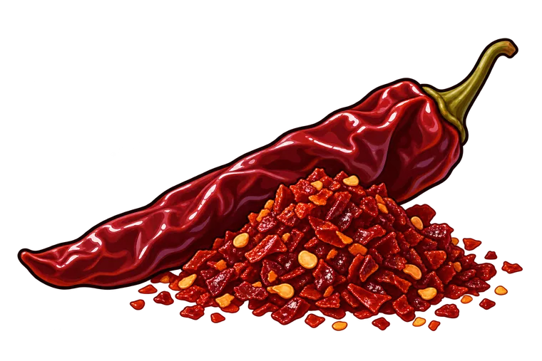 A small heap of coarse, glossy burgundy Aleppo pepper flakes.