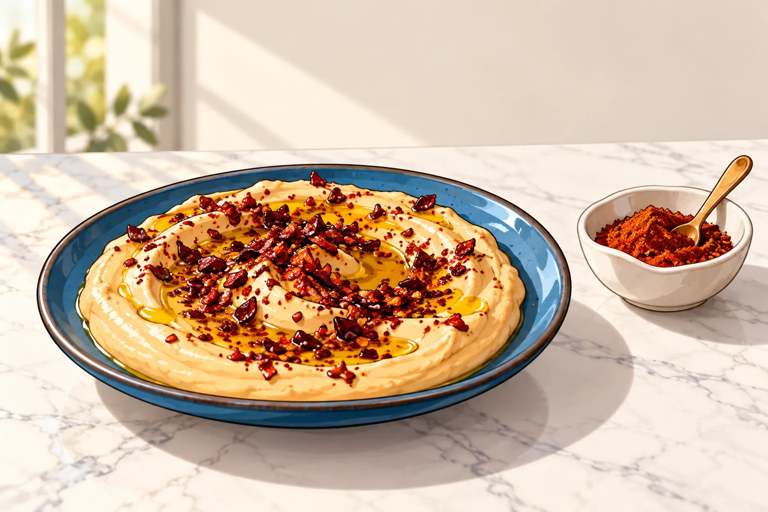 A blue ceramic plate of hummus swirled with olive oil and topped with coarse burgundy Aleppo pepper flakes on a white marble café table, with a small dish of red powder blend beside it.