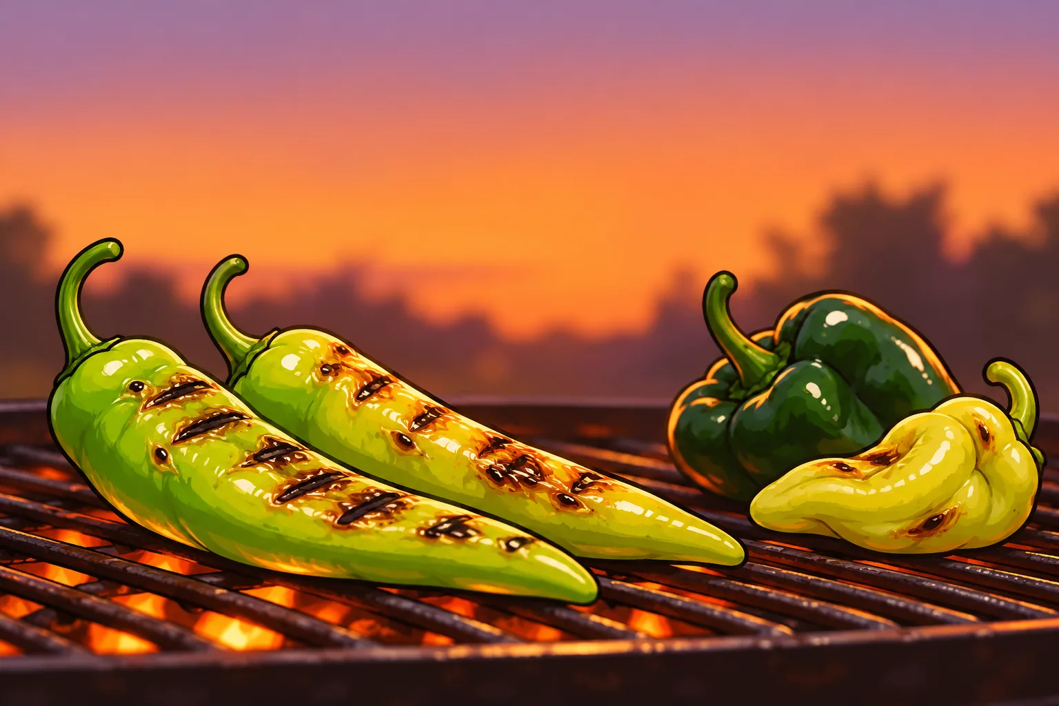 Long pale green Anaheim chiles on a sheet pan next to dark green poblanos and a few light green cubanelles, in afternoon light.