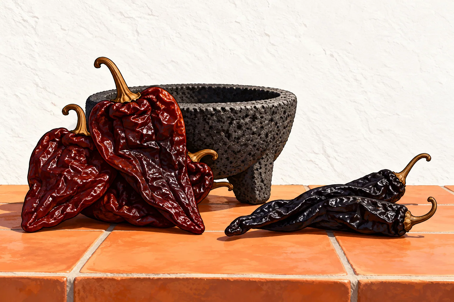 Three wide, wrinkled dark red-brown dried ancho chiles leaning on a black volcanic stone mortar in noon sun, with two long black pasilla chiles beside them.