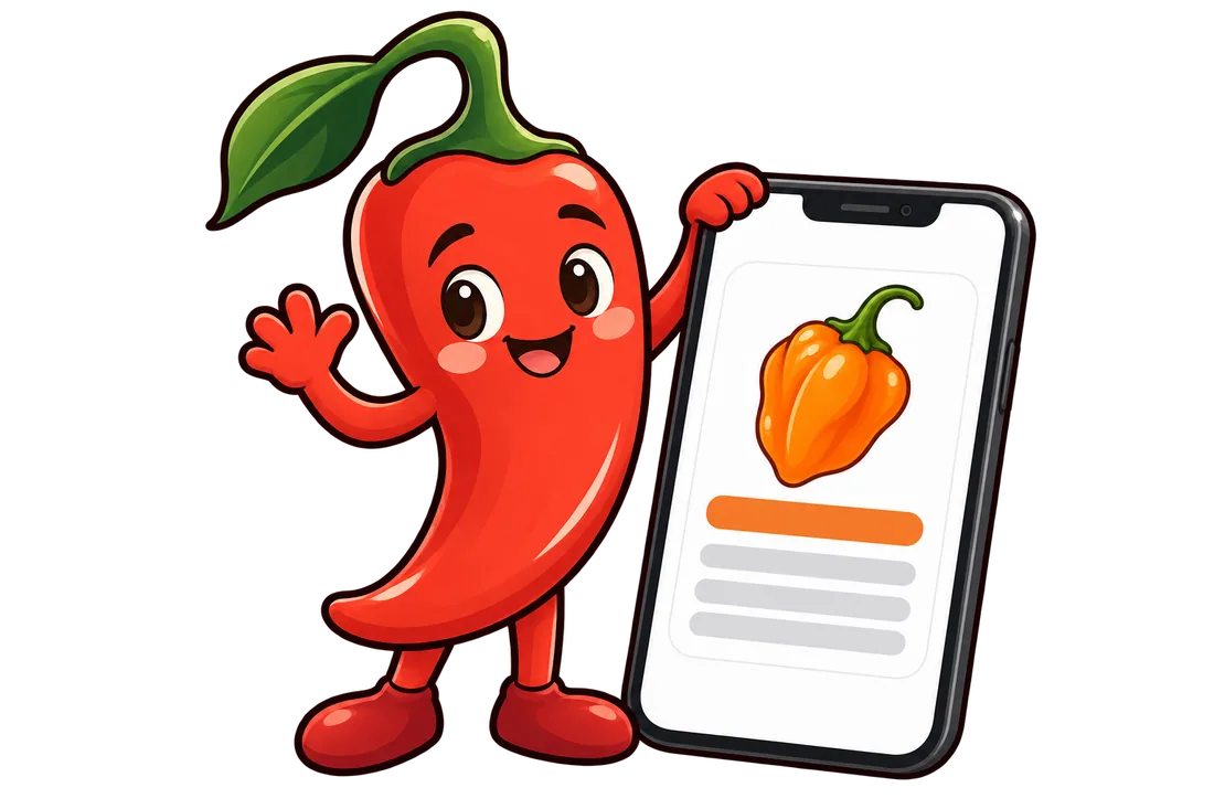 Pip, the red chili mascot, waving beside a phone that shows a habanero entry card.
