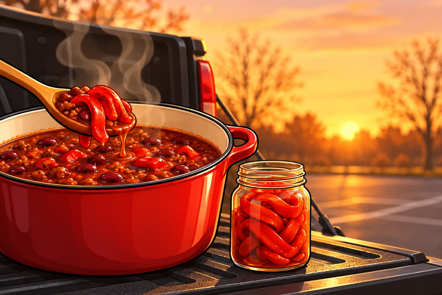 A pot of red bean chili on a pickup truck tailgate at dusk, a wooden spoon lifting roasted red pimento strips, with an open jar of pimentos beside it.
