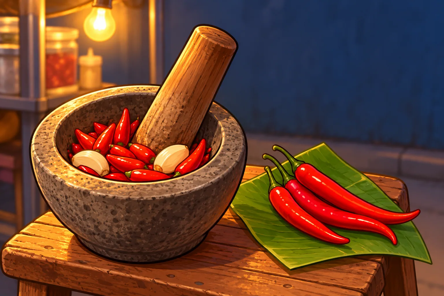 A grey stone mortar of tiny red bird's eye chilies and garlic on a wooden stool at a dusk food stall, with three slim red cayenne pods on a banana leaf beside it.