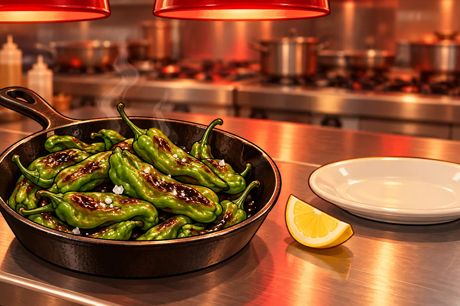 A black cast-iron skillet of blistered green shishito peppers with brown spots and coarse salt on a restaurant pass under red heat lamps, with a lemon wedge and an empty plate beside it.