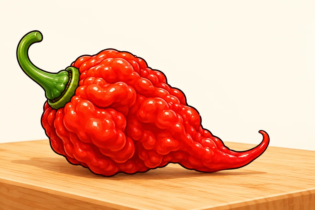 A ripe red Carolina Reaper pod seen from the side, with its bumpy skin, pointed curled tail and a green cap with a ring where it meets the stem.