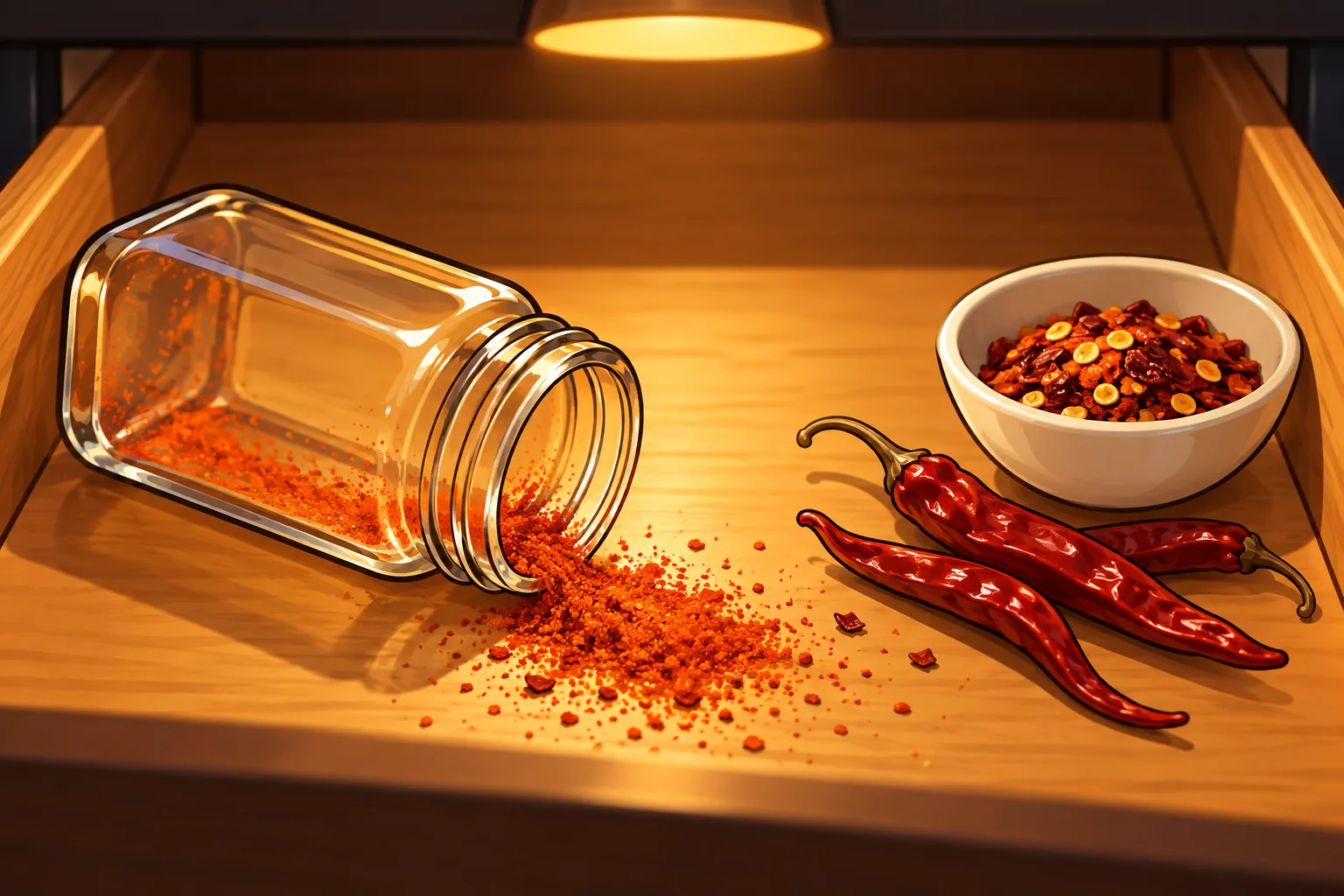 An empty glass spice jar tipped on its side in a lit wooden drawer, a last dusting of red powder spilling out, with dried chile de árbol pods and a bowl of crushed red pepper flakes beside it.