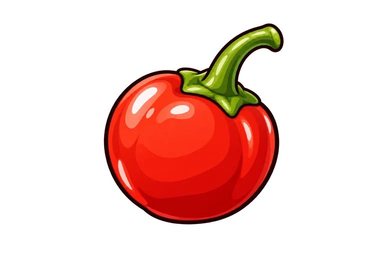 A small round glossy red cherry pepper with a short curved green stem, on a soft peach circle.