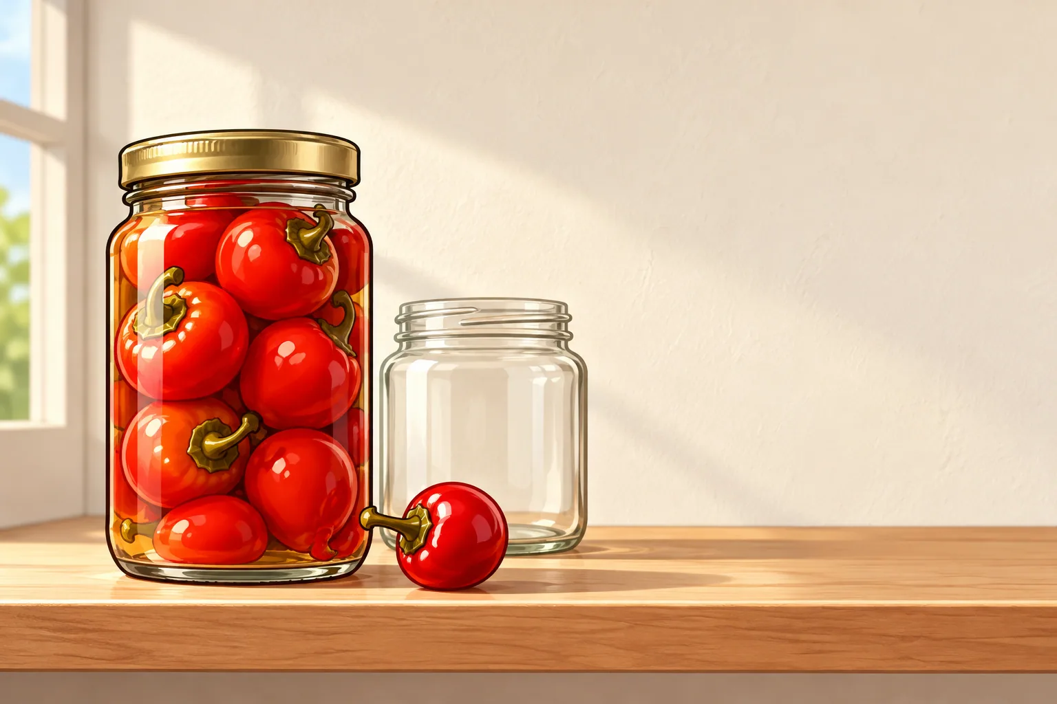A tall jar of round red sweet peppers in brine on a pantry shelf, beside an empty jar and one small round cherry pepper.