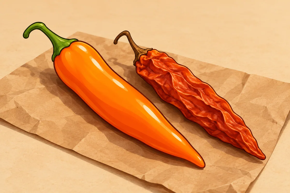 A fresh glossy orange ají amarillo pod beside a wrinkled dried deep-orange pod on a plain paper bag.