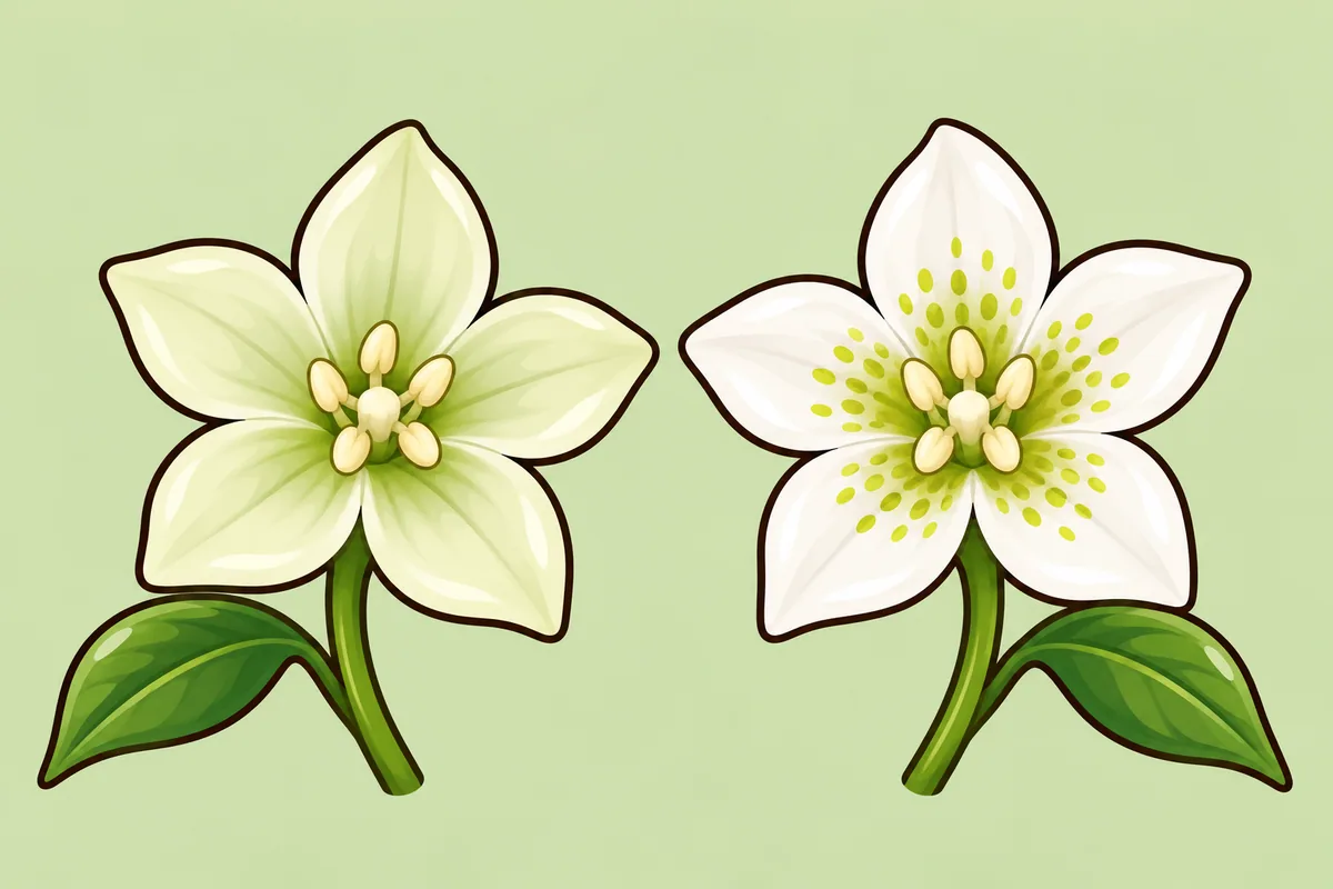Two white pepper flowers side by side, the left one plain greenish-white, the right one with a ring of greenish-yellow spots around its center.
