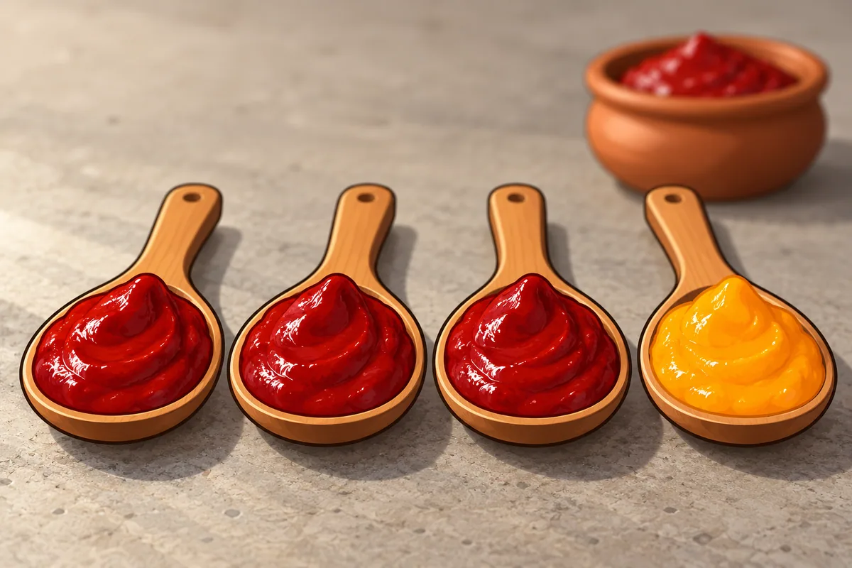 Four wooden spoons in a row on a stone counter, three heaped with deep red panca paste and one with bright yellow-orange amarillo paste.