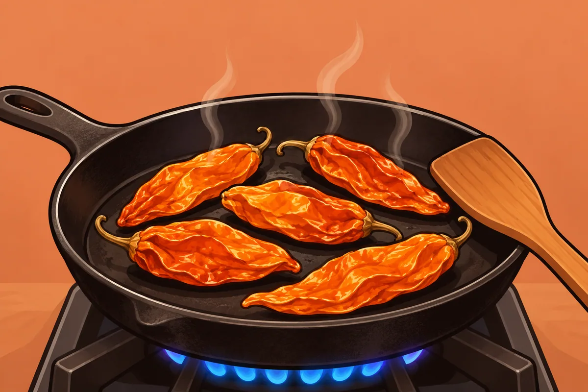 Dried orange ají amarillo pods lying in a dry cast-iron pan over a low blue flame, with thin steam rising.
