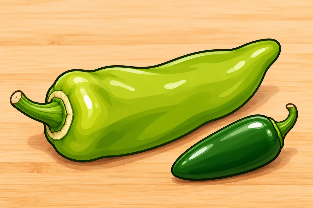A large flattened thick-walled green chile pod beside a small glossy green jalapeño on a wooden board, both at the same scale.