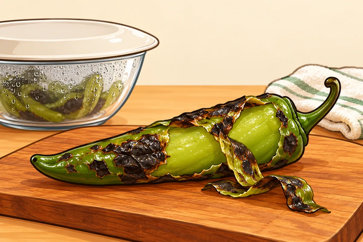 A long roasted green Anaheim chile half peeled on a board beside a glass bowl covered with a plate and beaded with steam.