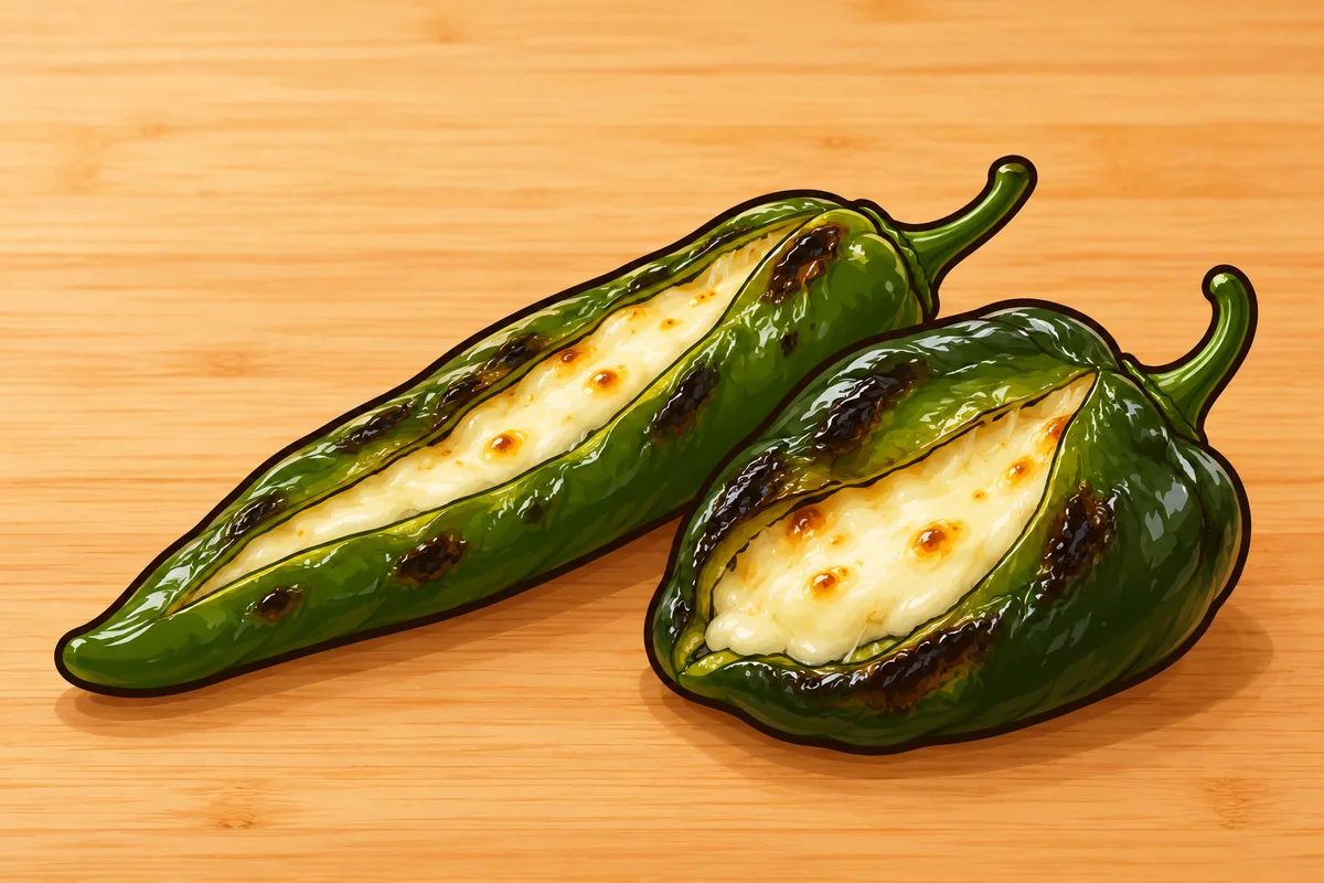 A short wide roasted poblano and a long narrow roasted Anaheim, both slit open and filled with melted white cheese, on a wooden board.