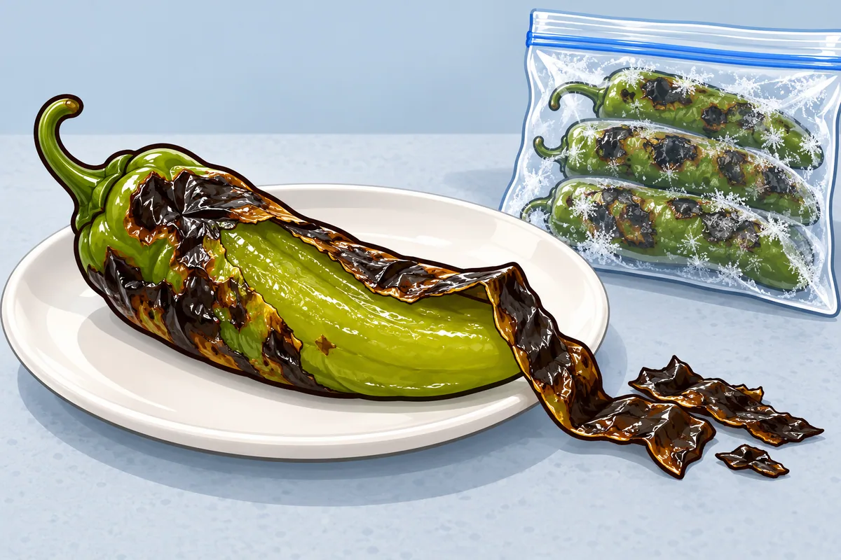 A thawed roasted green chile on a plate with its charred skin sliding off in one piece, beside a freezer bag of blistered unpeeled chiles.