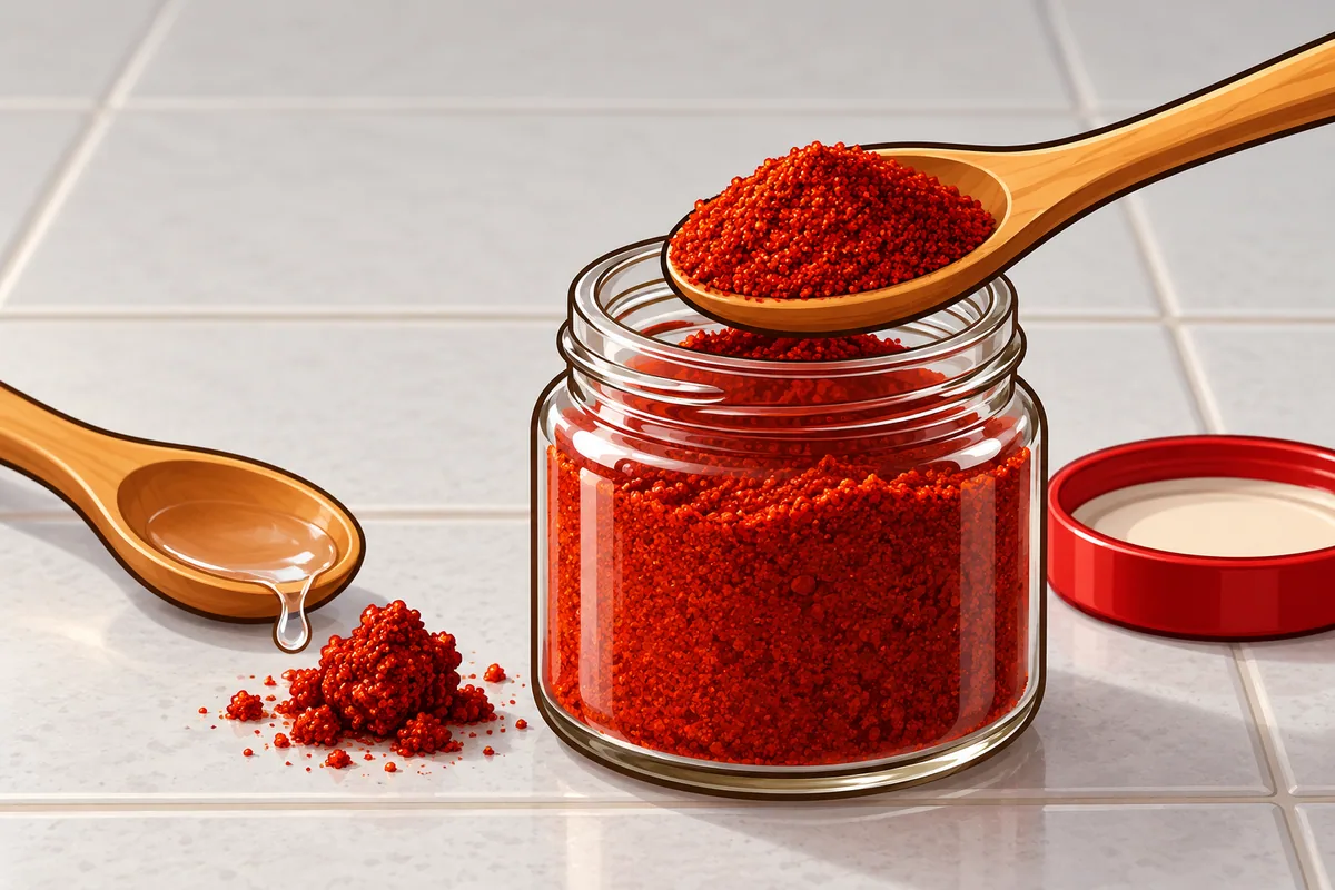 A dry wooden spoon lifting red powder from an open glass jar, with a wet spoon and a clumped red smear on the counter beside it.