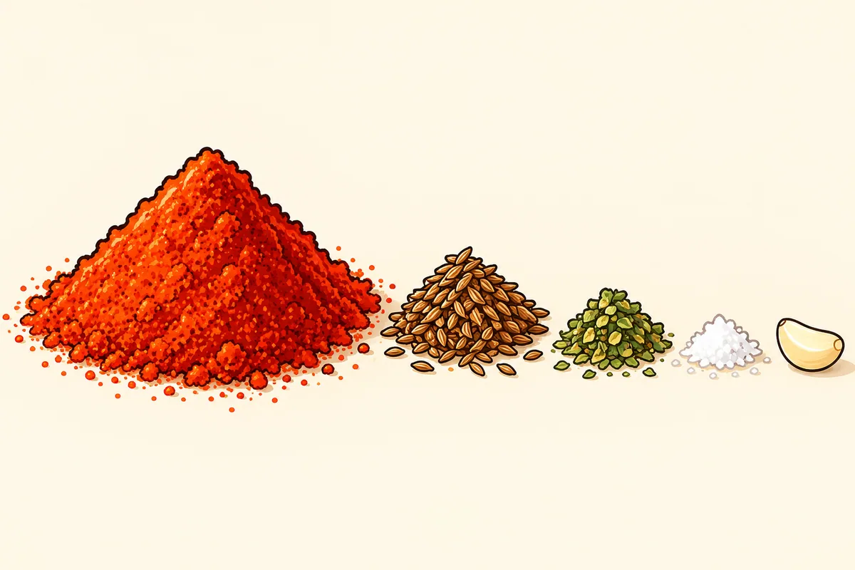 Five mounds on a board in falling size from left to right: a large heap of red chile powder, then smaller heaps of cumin seeds, oregano, salt and a single garlic clove.