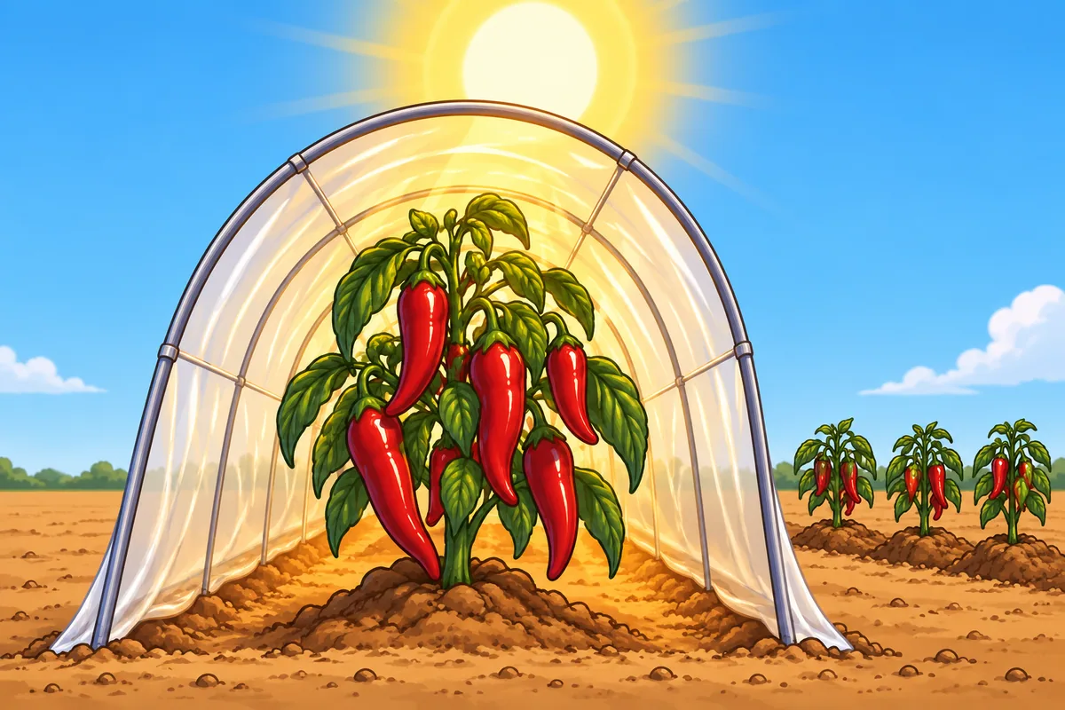 A pepper plant with slim red pods standing inside a clear plastic greenhouse tunnel under a hot sun, with small plants in an open field row outside.