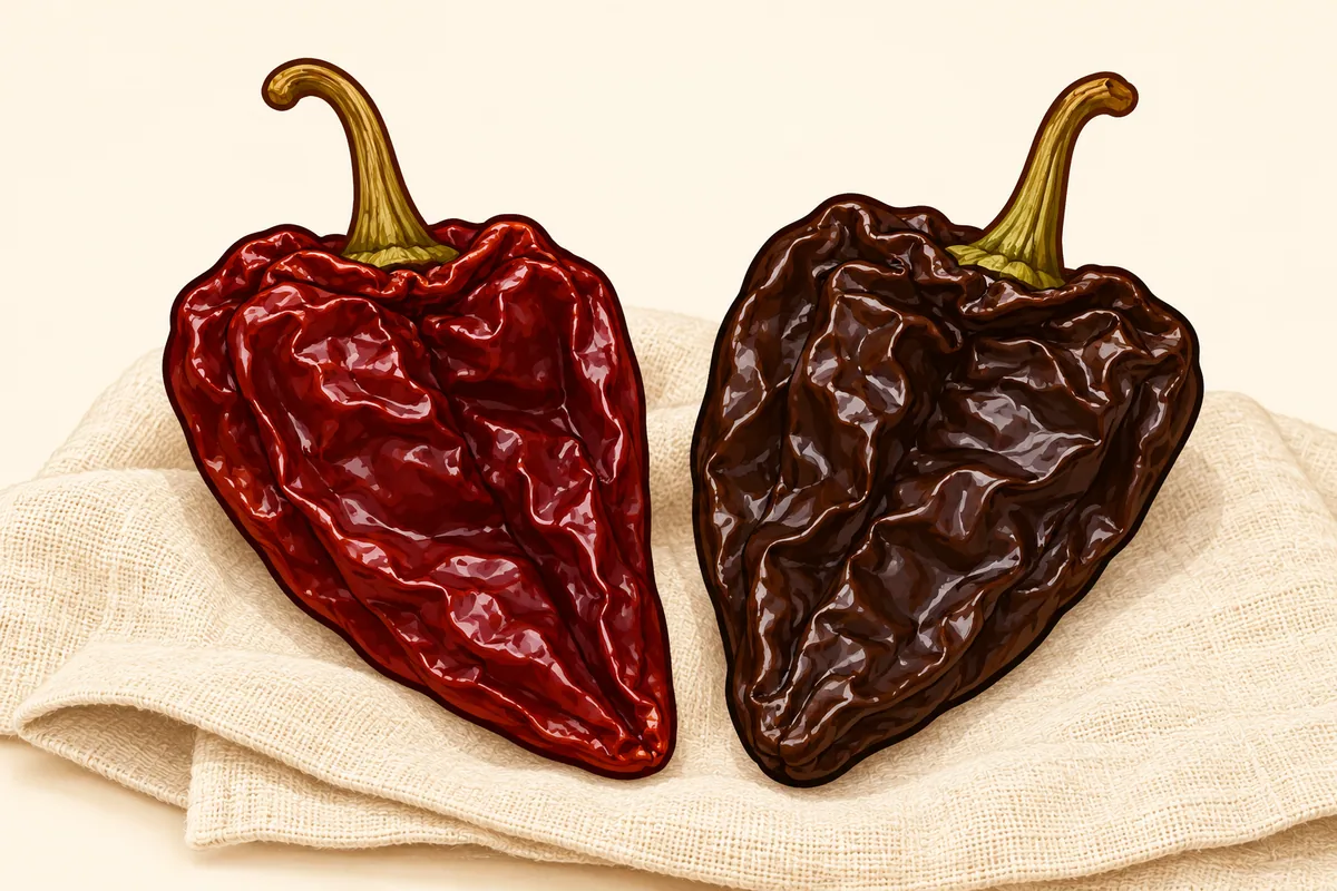 A brick-red wrinkled dried ancho beside a darker chocolate-brown dried mulato of the same shape on a cream cloth.
