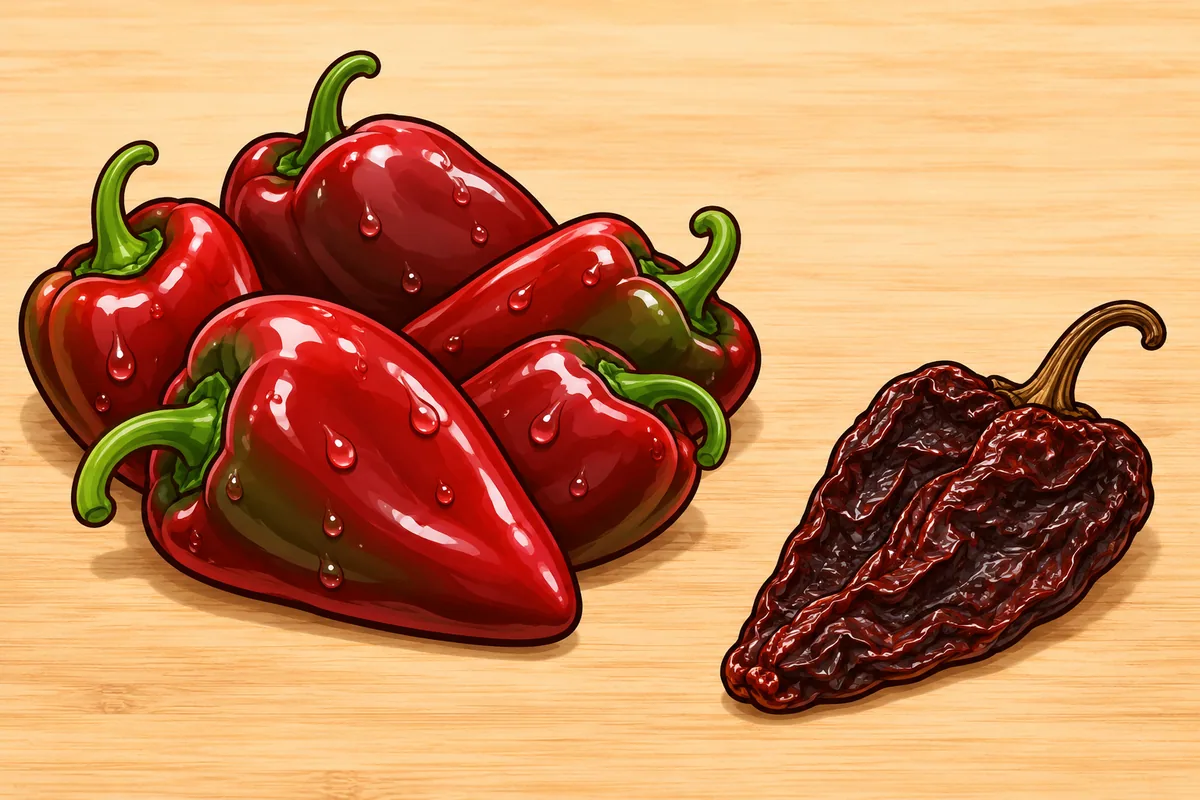 A heap of plump glossy fresh red poblanos beside one small wrinkled dried ancho on a wooden board.