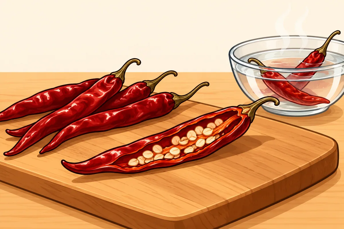 A dried árbol pod cut open lengthwise showing pale seeds, with whole árbol pods beside it and a glass bowl of hot water with two pods soaking.