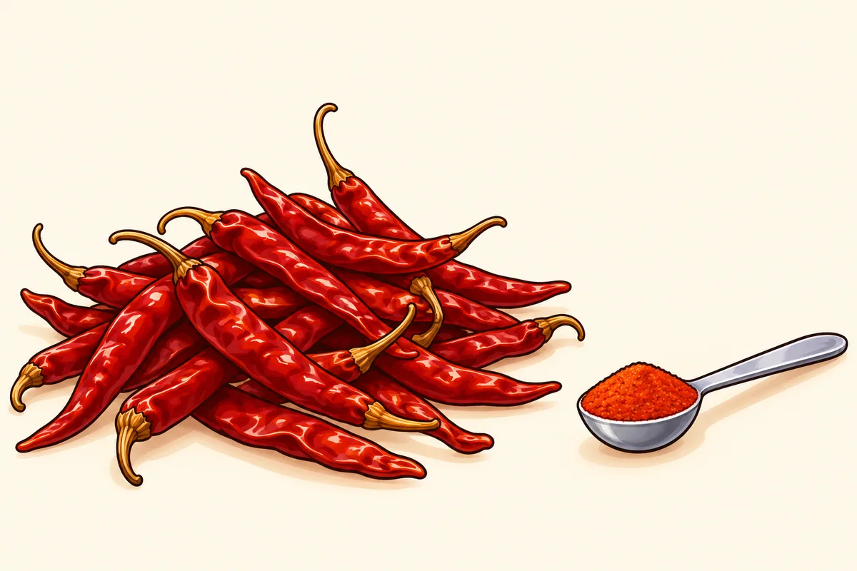 A heap of slim dried red árbol pods beside a metal teaspoon of bright red-orange cayenne powder on a cream board.
