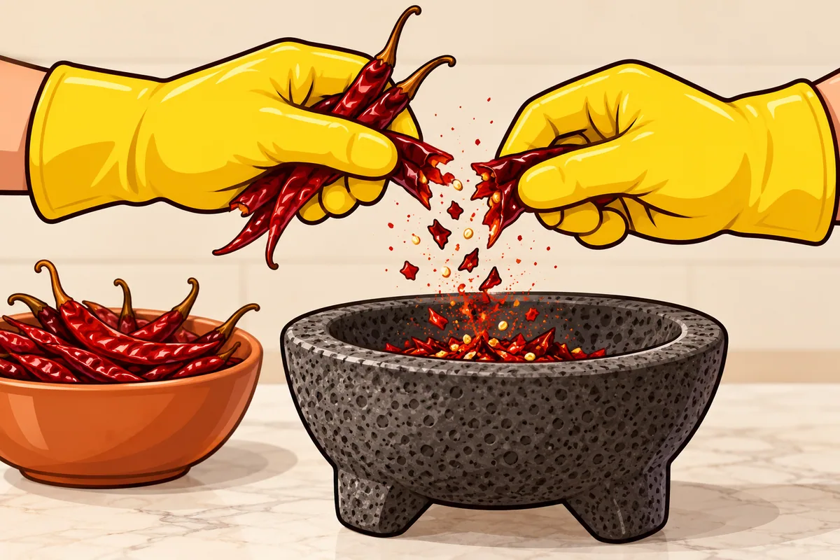 Two hands in yellow rubber gloves breaking a handful of slim dried red árbol pods over a stone mortar while tiny red specks float in the air.