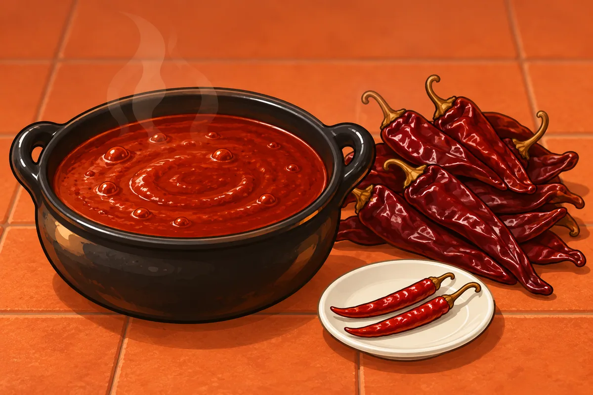 A pot of simmering red sauce beside a big pile of dried guajillo pods and, set apart on a small saucer, just two slim red árbol pods.