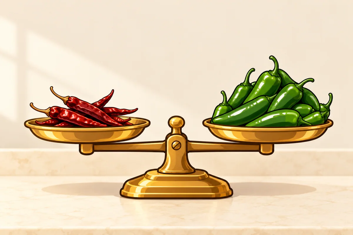 A level brass balance with a small pinch of slim dried red chiles on one pan and a big heap of fresh green serranos on the other.