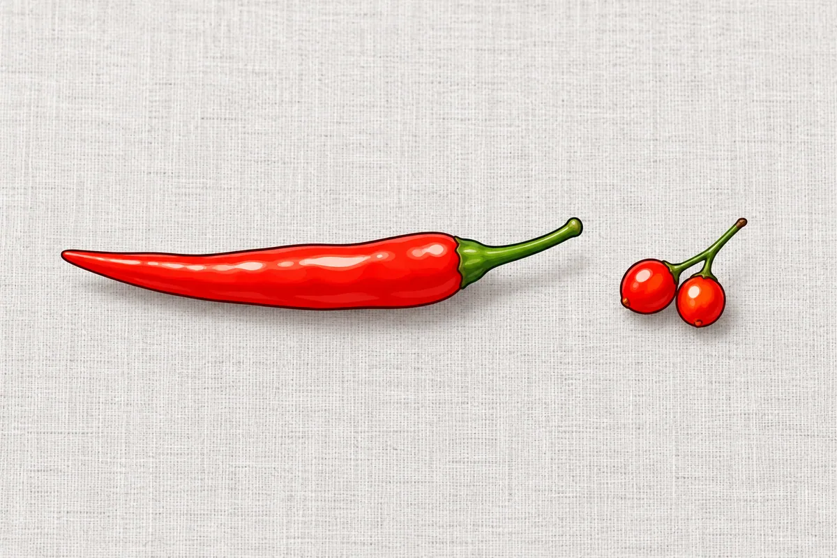 A slender red Thai chili lying on pale grey linen next to two tiny round red wild chiltepin berries on a thin stem, drawn to the same scale.