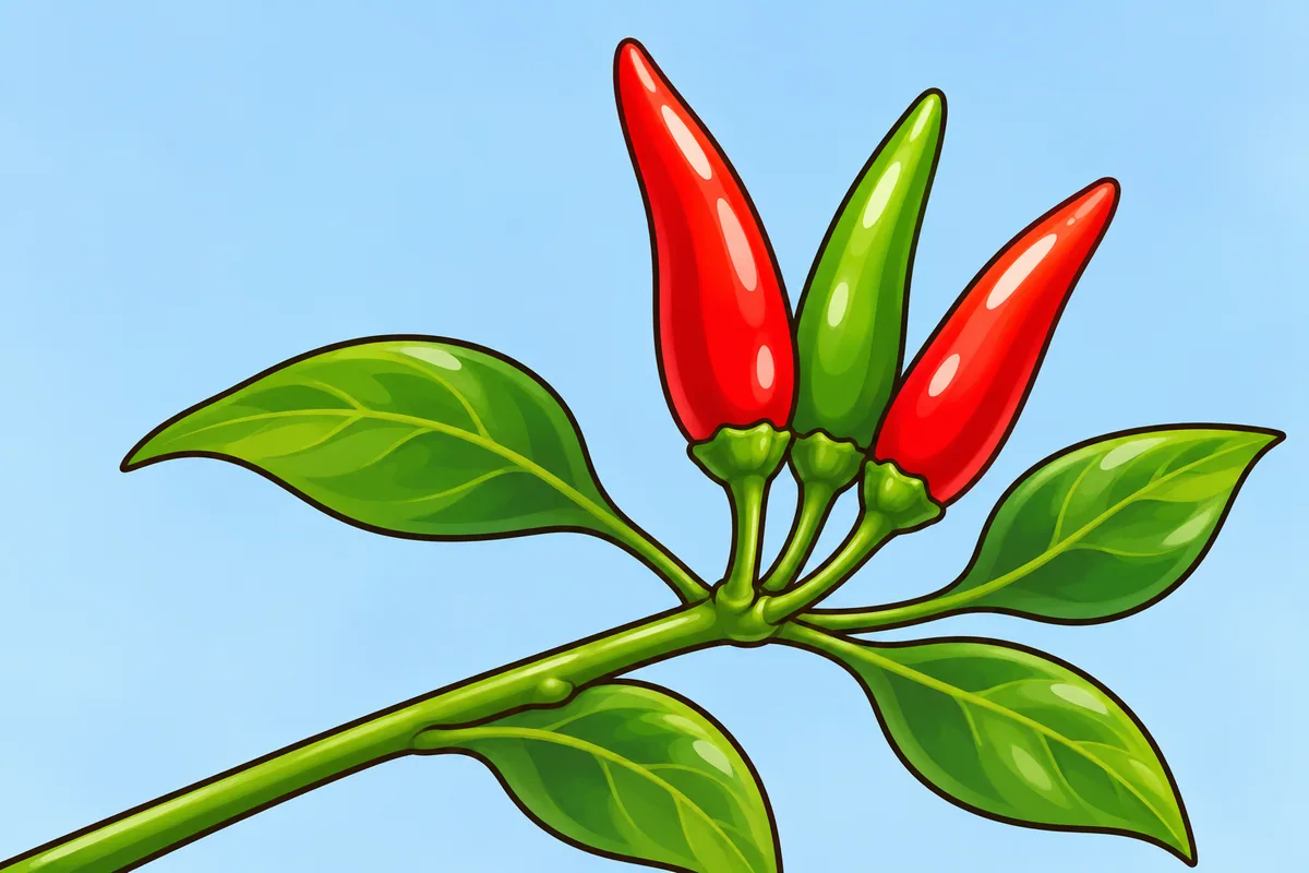 A green pepper stem with three slender Thai chilies, two red and one green, hanging together from a single node among glossy leaves.