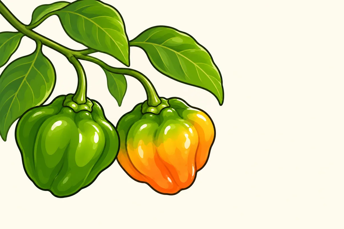 Two glossy Scotch bonnet pods hanging from a leafy branch, the left one fully green and the right one green with a blush of yellow-orange on its lower half.