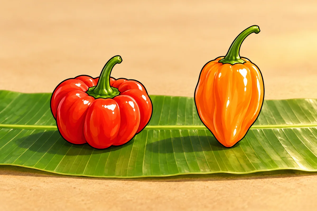 A squat red Scotch bonnet with lobes around a sunken top beside a taller, smooth orange habanero that narrows to a blunt point, on a green banana leaf.