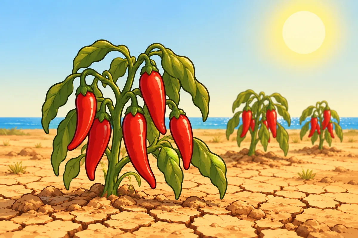 A pepper plant with red pods and slightly drooping leaves on dry cracked soil under a hot sun, with the sea on the horizon.