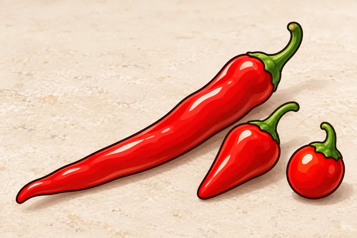 Three Calabrian-type chilies on a stone surface: a long tapering red pod, a short red cone and a small round red cherry type.