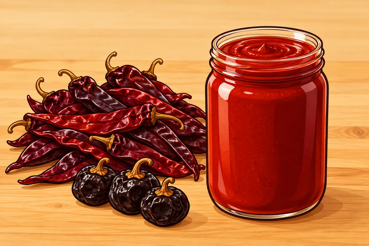 A pint jar of dark red chile purée beside a heap of long dried red pods and a few small round pods on a counter.