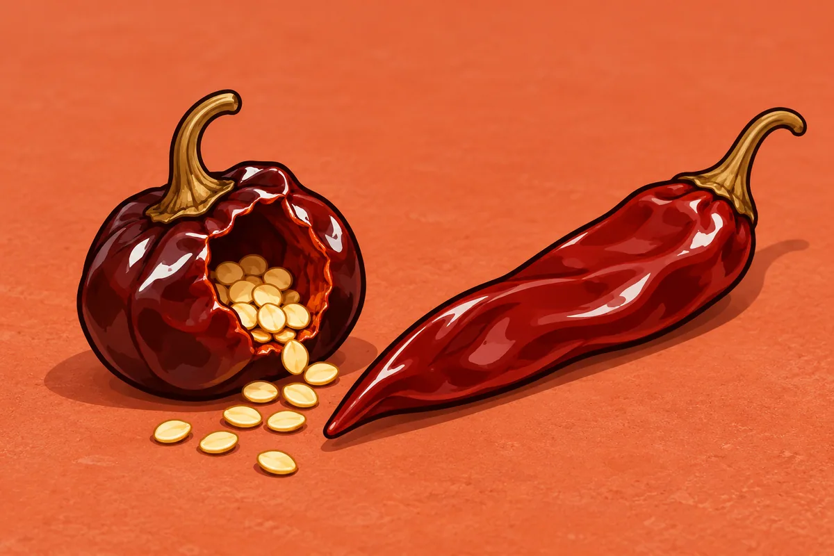 A small round dark red cascabel cut open with loose seeds spilling out, lying beside a long slim smooth guajillo.