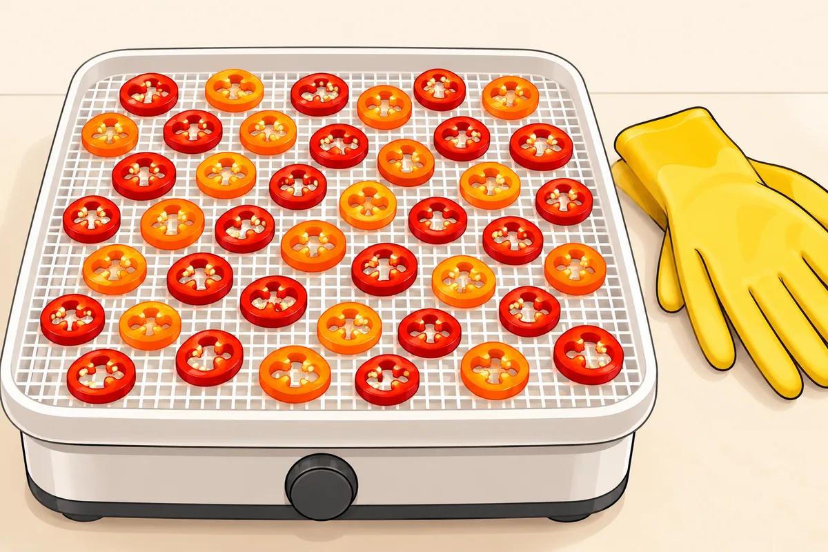 A mesh dehydrator tray holding a single layer of thin red cayenne rings and orange habanero rings next to a pair of rubber gloves.