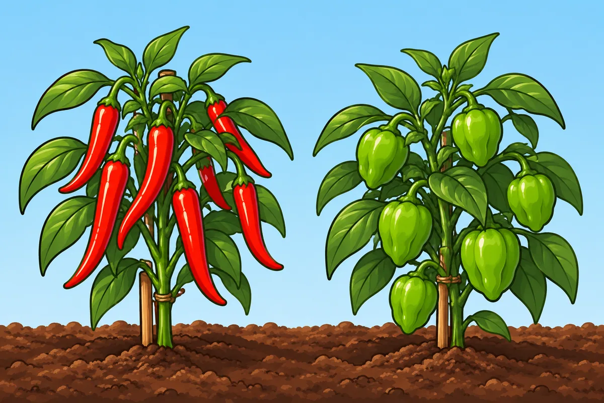A habanero plant with only green pods beside a cayenne plant of the same size already carrying long red pods in the same garden bed.
