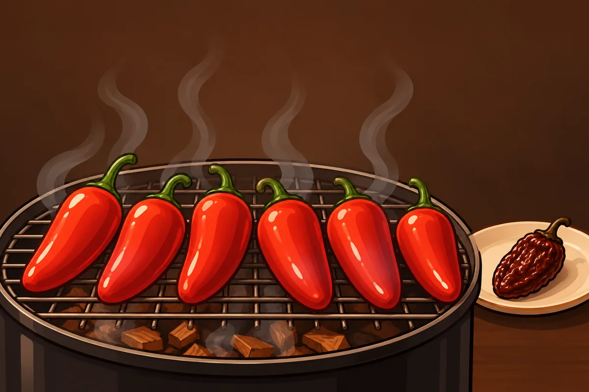 Six ripe red jalapeños on a wire smoker rack with thin smoke curling up, beside a plate holding one finished wrinkled brown chipotle.