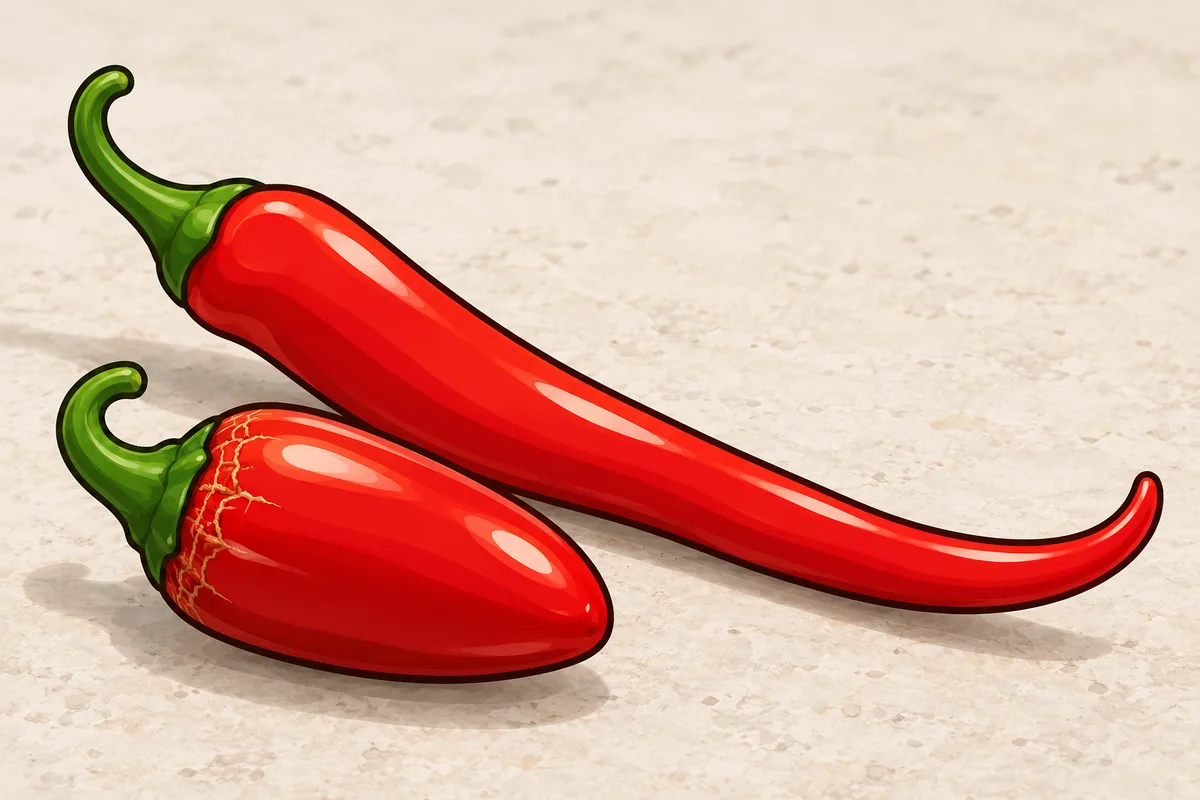 A long slim curved red cayenne lying diagonally behind a short plump red jalapeño with fine corky cracks on its shoulder.
