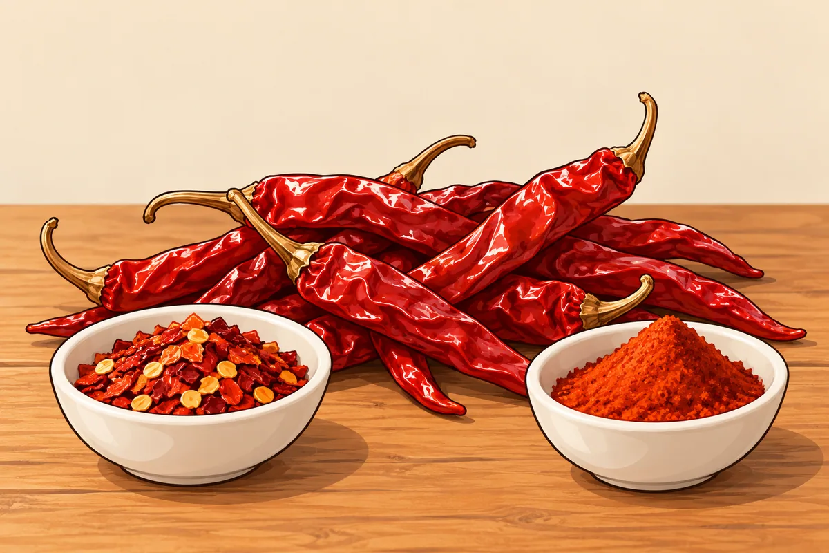 A heap of long dried red cayenne pods with a bowl of coarse flakes and a bowl of fine powder in front.