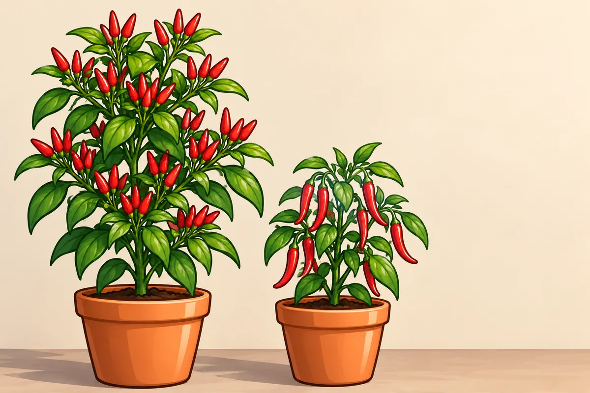 A tall Thai chili plant covered in small upright red pods beside a shorter cayenne plant with long red pods, each in a terracotta pot.