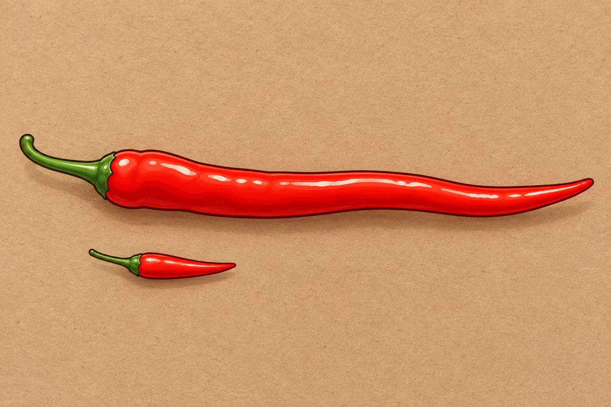 One long, slim red cayenne pepper lying across brown kraft paper above one small, slender red Thai chili, seen from above.